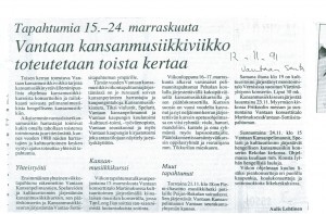 1991 Vantaan kansanmusiikkiviikko toteutetaan toista kertaa